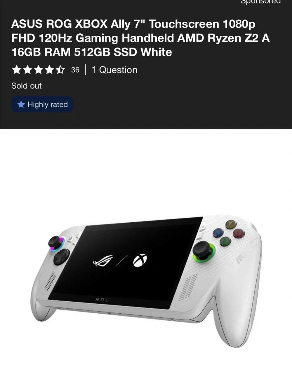 ASUS ROG Ally Handheld Gaming Console - White with RGB Accents